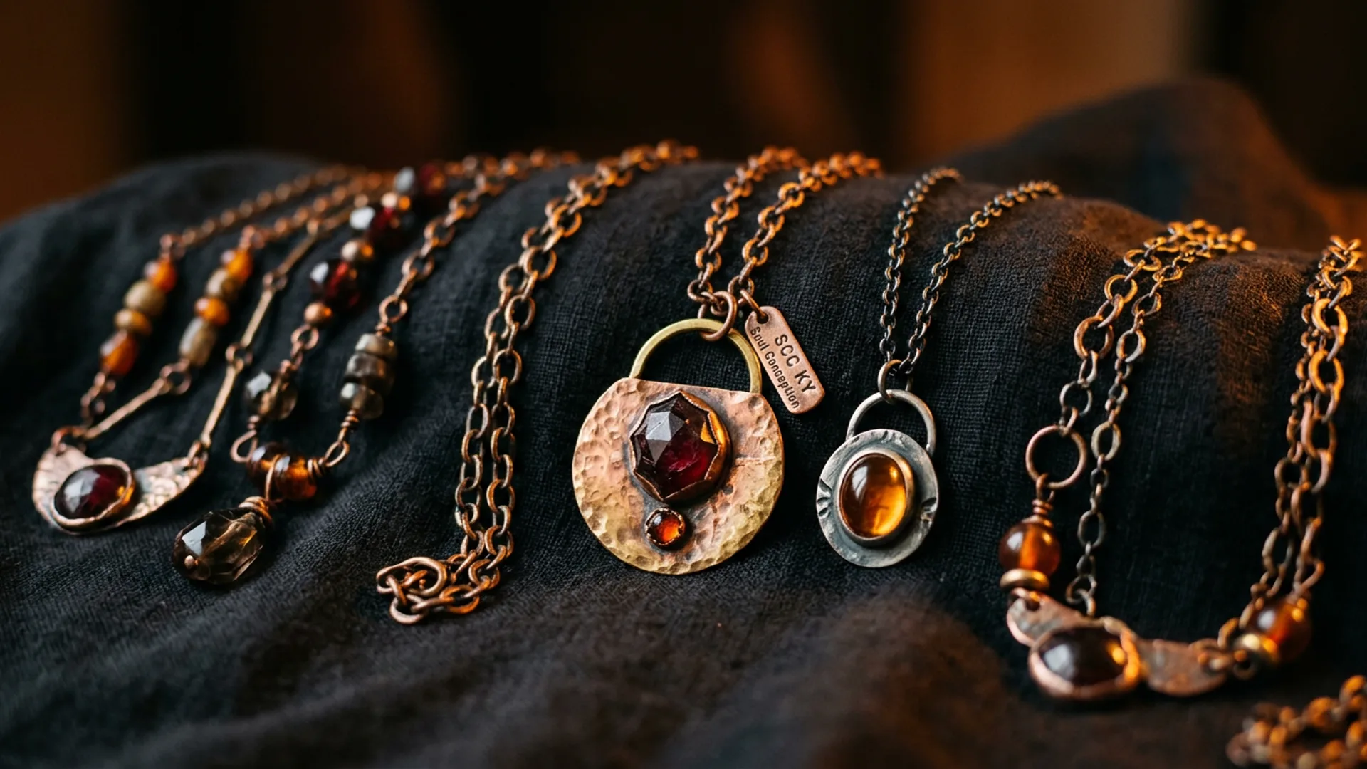 Handmade necklace on dark fabric, made in La Grange Kentucky