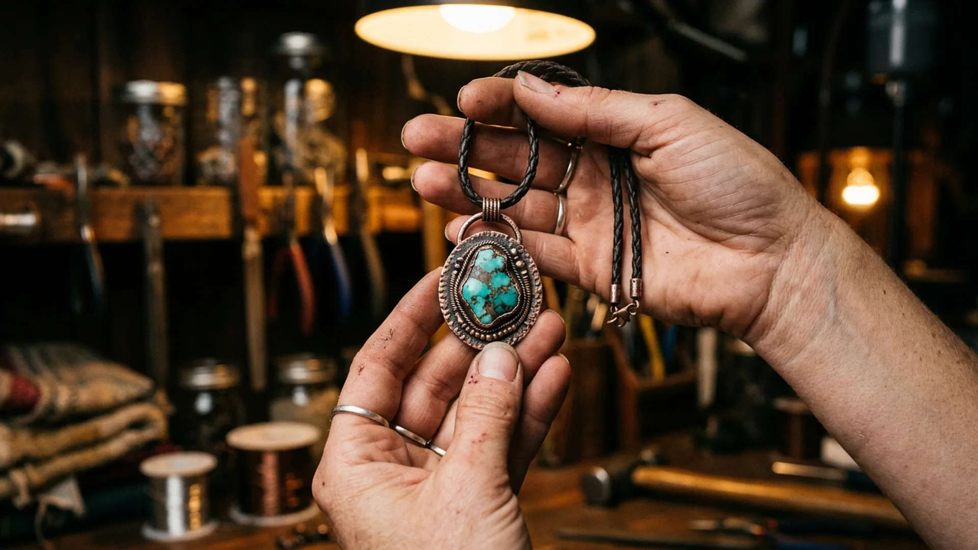 Maker's hands crafting a necklace in La Grange, Kentucky